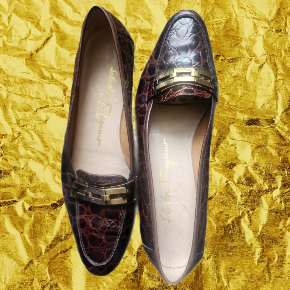 SALVATORE FERRAGAMO BROWN LEATHER EMBOSSED CROC DESIGNER LOAFERS @msplf1949 - Picture 2 of 6